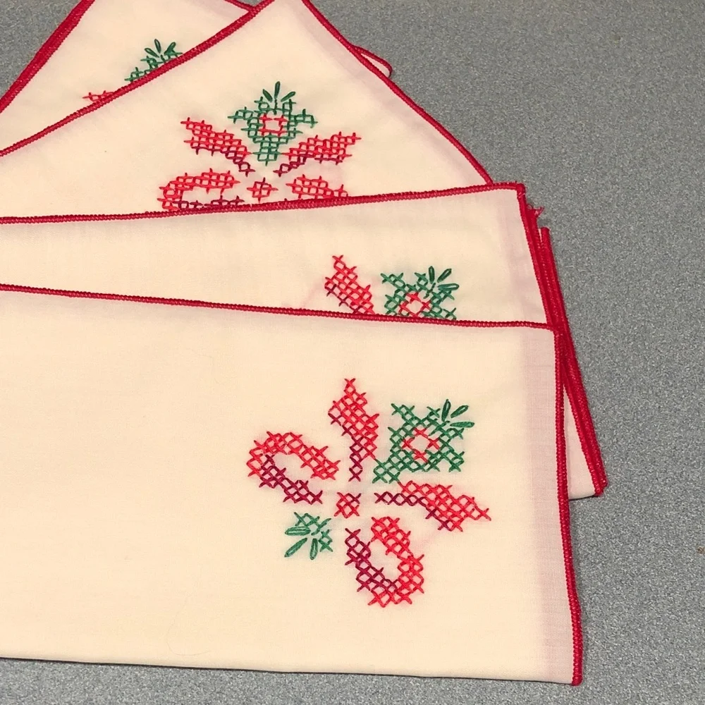 Embroidered Table Linens with Red Trim